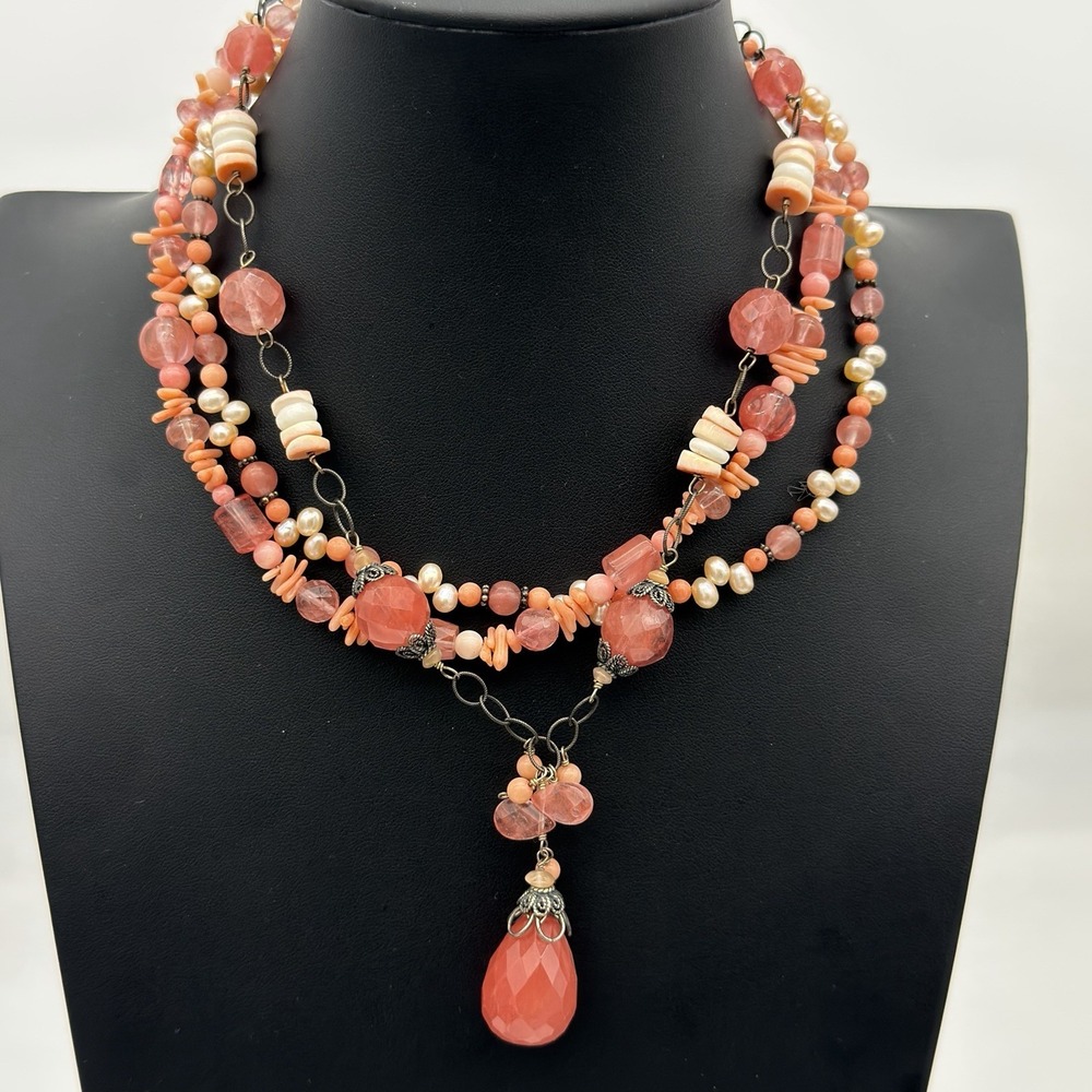 Vtg Multi Gemstone Necklace Angel Skin Coral Pearl Sterling Silver Torsade WOW‎